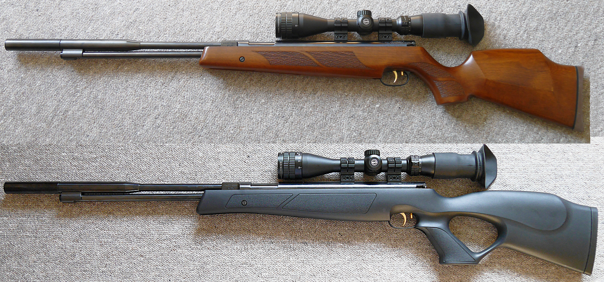 The HW97K V-Glide fitted with both the wood Sporter Stock and the Synthetic Thumbhole stock